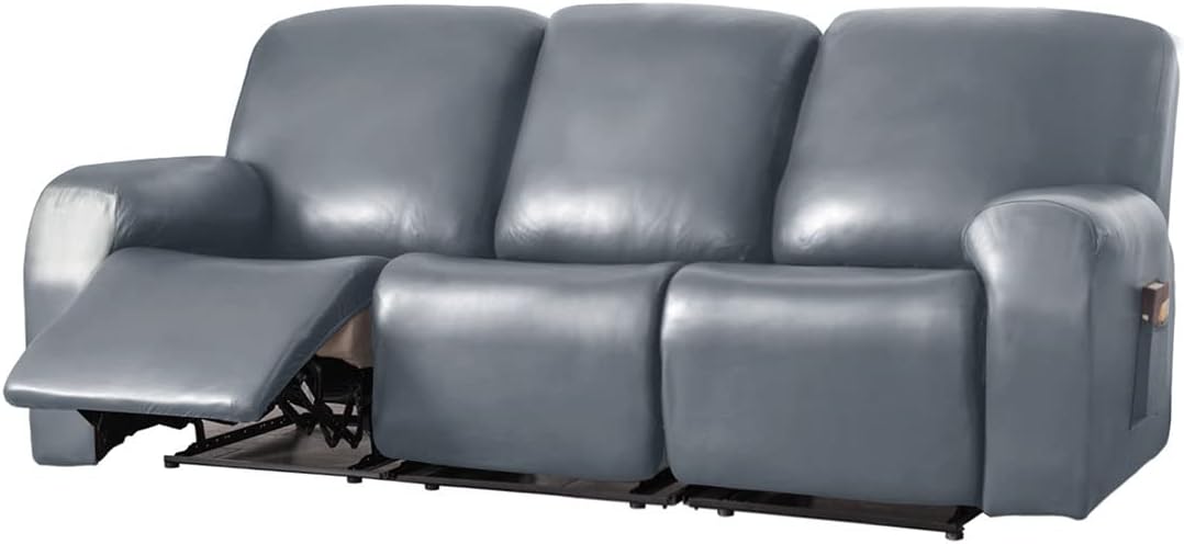 vctops 8 Pieces Waterproof Faux PU Leather Recliner Sofa Covers Stretch Soft 3 Seats Couch Cover Anti-Slip Sofa Slipcover Furniture Protector with Elastic Bottom for Kids Pet(Grey,3 Seat)