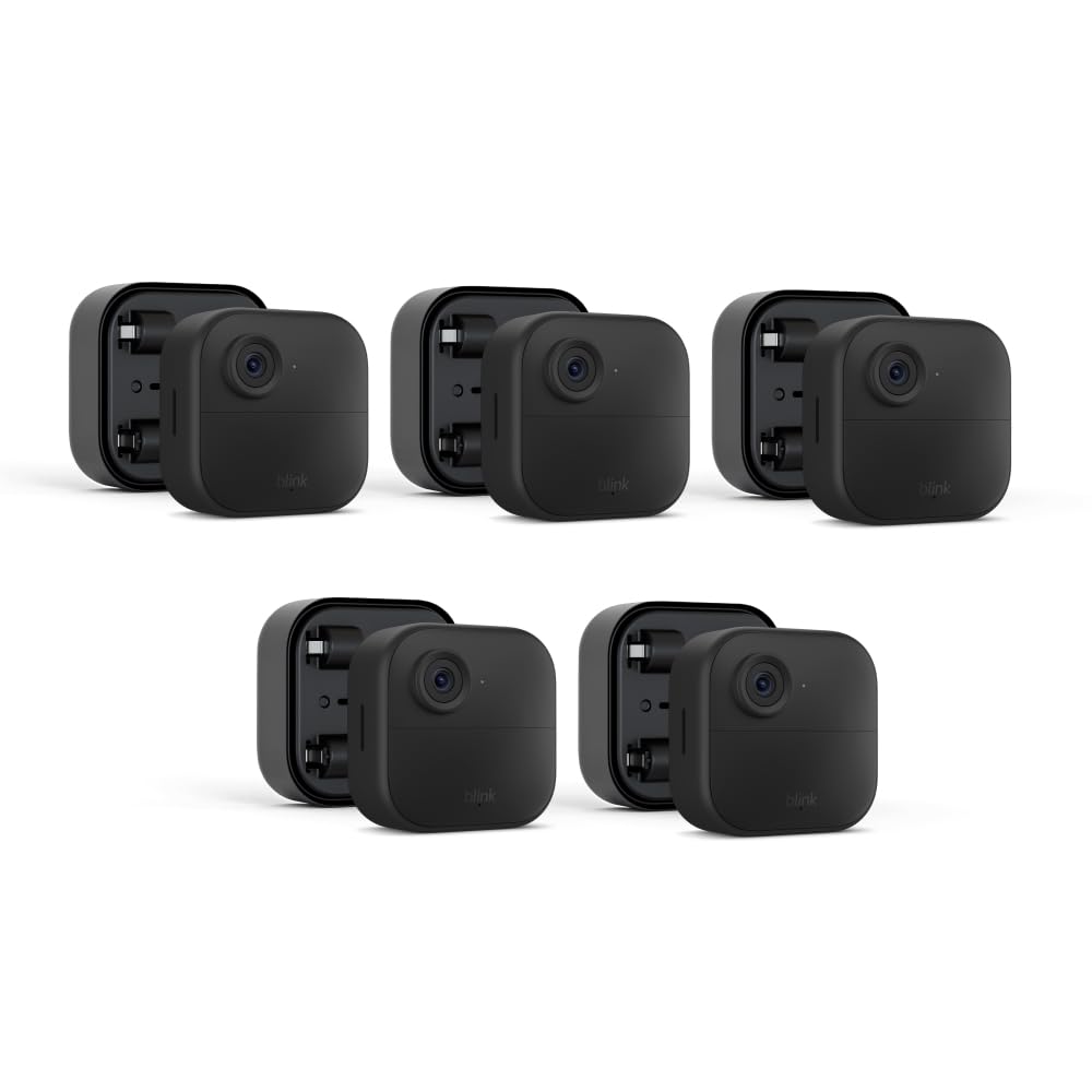 Blink Outdoor 4 (newest model) + Battery Extension Pack — Four-year battery wireless smart security camera, two-way audio, HD live view, enhanced motion detection — 5 camera system