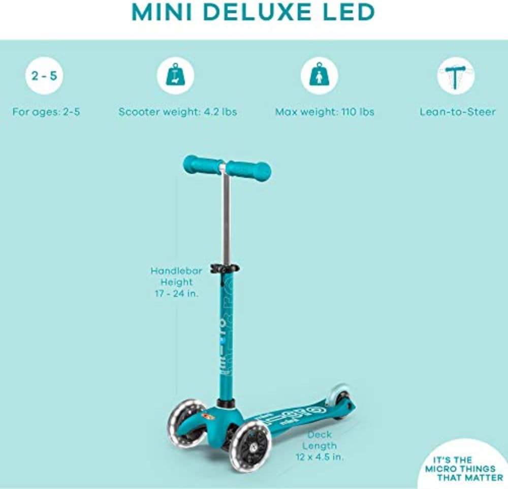 Micro Kickboard | Mini LED Kids Scooter for Ages 2-5 | Children up to 110 lbs | 3 Wheel Lean-to-Steer Design | Adjustable T Bar | Smooth Ride, Motion Activated PU LED Wheels | Swiss Design