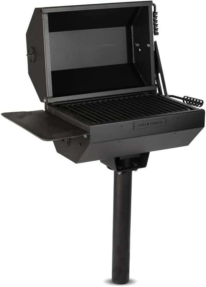 Ash & Ember Park-Style Grill & Smoker, 390 Sq. In Charcoal Grill with Cover, Side Shelf for BBQ Cooking Prep & Accessories, Single Post Barbeque Grill, Outdoor Grills & Smokers