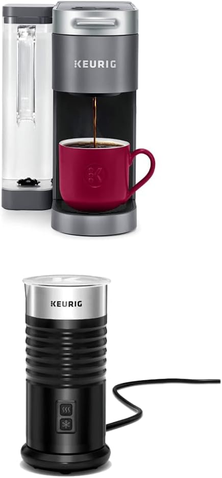 Keurig K-Supreme Coffee Maker, Single Serve K-Cup Pod Coffee Brewer, 66 Oz Dual-Position Reservoir & Customizable Settings, Gray + Standalone Frother Works Non-Dairy Milk, Hot & Cold Frothing, Black