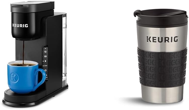 Keurig K-Express Coffee Maker, Single Serve K-Cup Pod Coffee Brewer, Black, 12.8' L x 5.1' W x 12.6' H & Travel Mug Fits K-Cup Pod Coffee Maker, 1 Count (Pack of 1), Stainless Steel
