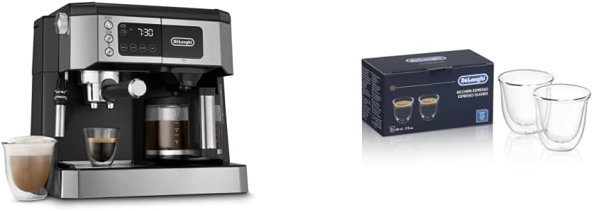 De'Longhi All-in-One Combination Coffee Maker & Espresso Machine + Advanced Adjustable Milk Frother & DeLonghi Double Walled Thermo Espresso Glasses, Set of 2, Regular, Clear