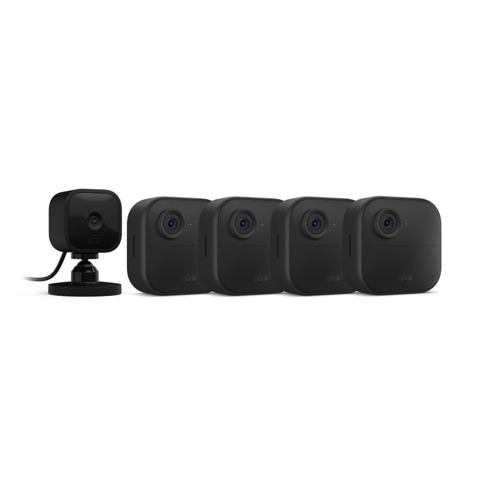 Blink Outdoor 4 (4th Gen) + Blink Mini – Smart security camera, two-way talk, HD live view, motion detection, set up in minutes, Works with Alexa – 4 camera system + Mini (Black)