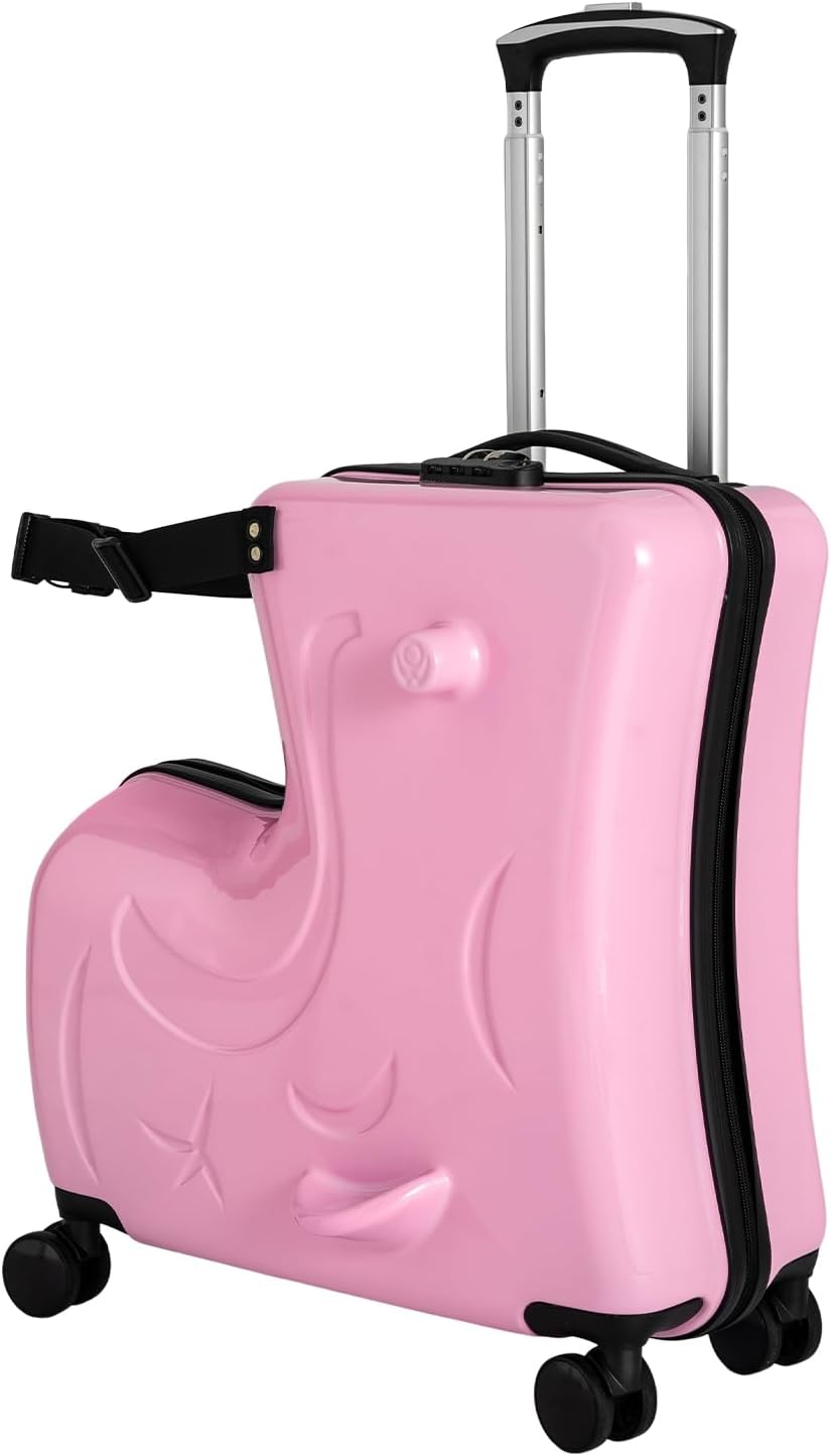 20' Kids Luggage, Rolling Kids Travel Suitcase with Seat and Safety Belt, Children's Ride for Toddler Ages 3-6(Pink)