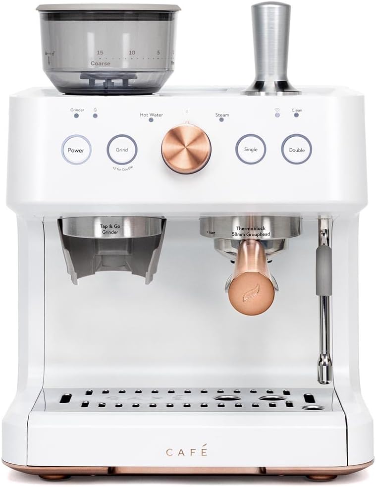 Café Bellissimo Semi Automatic Espresso Machine with Grinder & Milk Frother | Copper Accents | WiFi App Control | Large 95oz Tank | Matte White