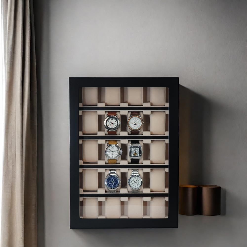 TIMELYBUYS 12 Piece Black Wood Watch Display Wall Hanging Case and Storage Organizer Box and Stand for Oversized Watches
