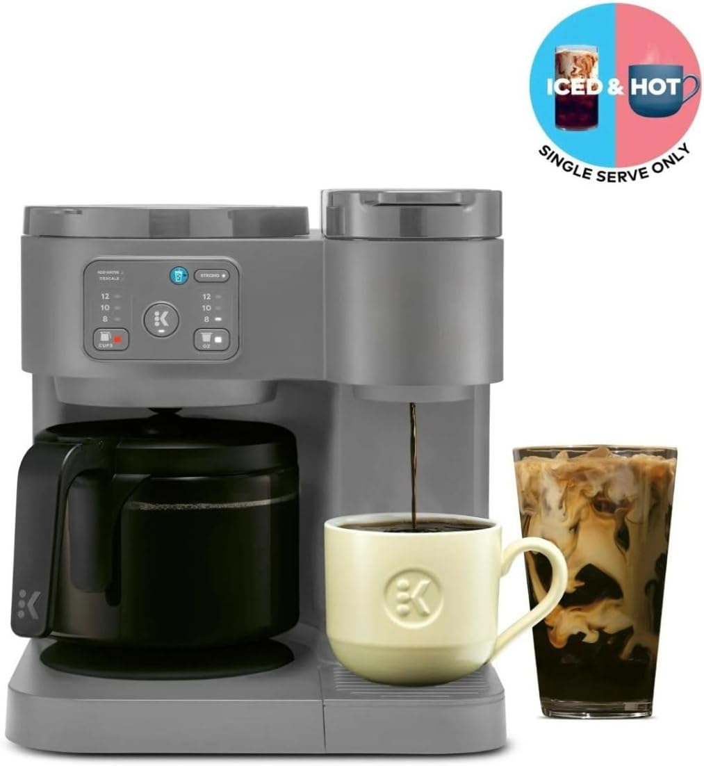 K-Duo Essentials, Hot & Iced Single-Serve Pod Coffee Maker & Carafe, 72 Oz Reservoir, Multiple Brew Sizes, Strong Brew Feature, Perfect for Hot and Iced Coffee (Moonlight Gray)