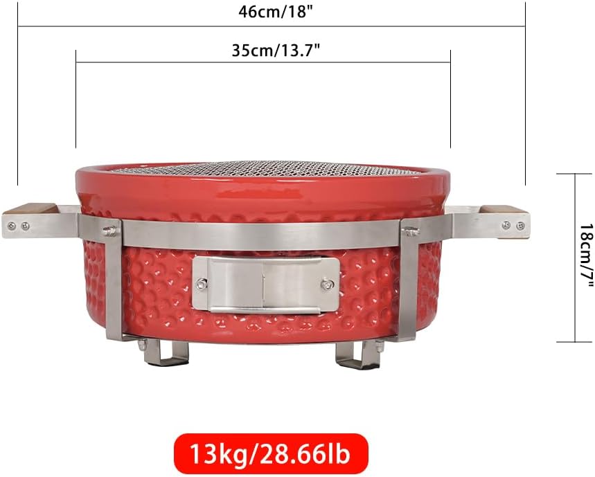 Yakitori Charcoal Grill, Japanese Ceramic Tabletop BBQ Grill with Stainless Steel Stand & Grid Lifter, Portable Indoor/Outdoor Hibachi Grill for 2–5 People, 16'x9', Red, Gift for Chrismas