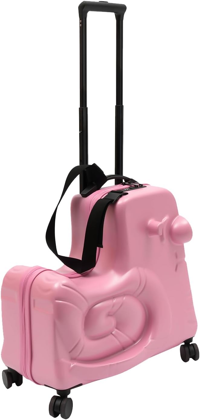 Kids Ride-On Luggage 20' with Spinner Wheels, Children's Travel Suitcase with Seat & Password Lock, Pink Cartoon Carry-On Trolley for Ages 1-6