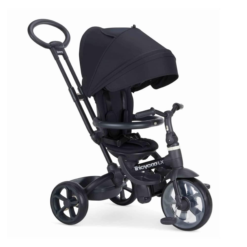 Joovy Tricycoo LX Premium Kids Tricycle with 8 Stages Featuring Chunky Front Tire, Removable and Adjustable Parent Handle, Machine-Washable Seat Pad, and Retractable Canopy, Black, 1 Count (Pack of 1)