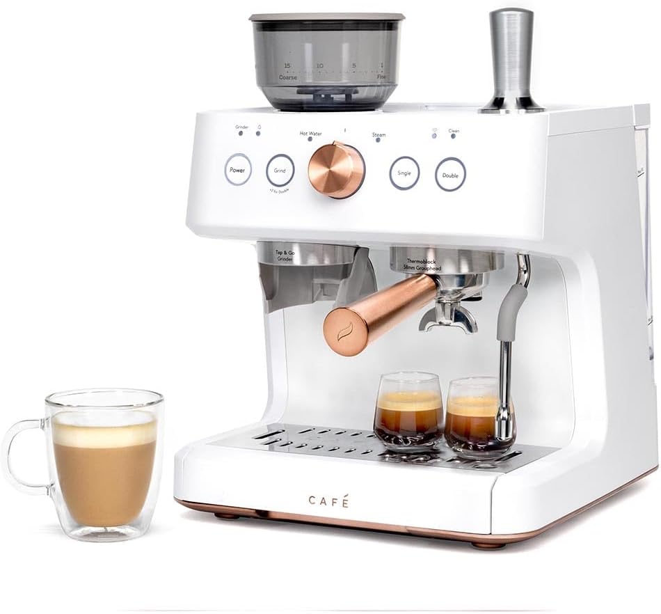 Café Bellissimo Semi Automatic Espresso Machine with Grinder & Milk Frother | Copper Accents | WiFi App Control | Large 95oz Tank | Matte White