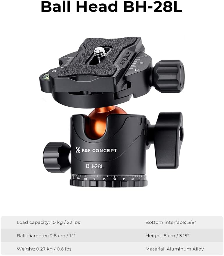 K&F CONCEPT 73 inch /186cm Camera Tripod,Transverse Center Column Aluminium DSLR Tripod with 360 Degree Ball Head 10kg Load Capacity,Quick Release Plate,Detachable Monopod T255A3+BH-28L