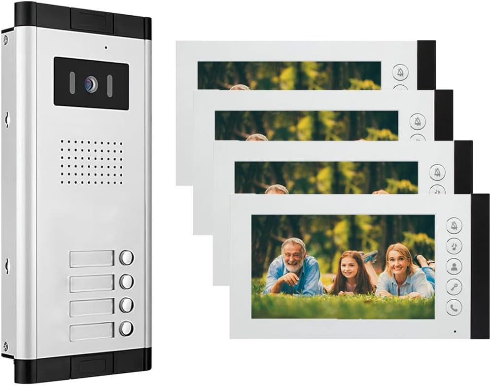 Wired Video Intercom System,7 Inch Ring Video Doorbell with IR Night Vision,HD Camera Kits,IR Outdoor Camera,Dual-Way Intercom for Villa Home Office Apartment (1 Bell +4 Monitor)
