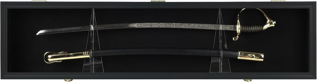 Sword Display Case Cabinet Stand Holder Wall Rack Holds Military Saber or Samurai Sword Lockable UV Protection Door Black Felt Inside (Black Finish Frame)