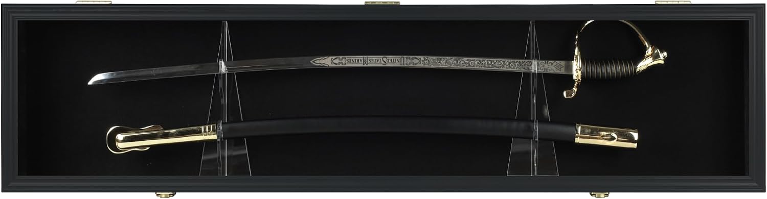 Sword Display Case Cabinet Stand Holder Wall Rack Holds Military Saber or Samurai Sword Lockable UV Protection Door Black Felt Inside (Black Finish Frame)
