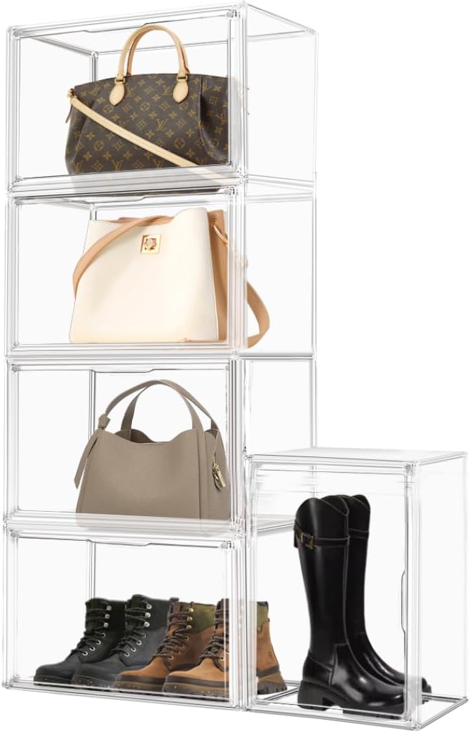 5 Pack XXX-Large Acrylic Handbag Organizer 17.7''x13''x13'' Tall Boots Storage Organizer Clear Big Display Case with Dustproof Magnetic Lid Stackable Plastic Box for Shoes, Helmet, Boots, Figures