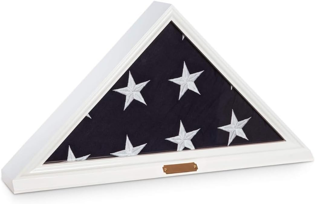 Bey-Berk Custom Personalized Solid Wood Triangle Glass Front Flag Display Case (White)