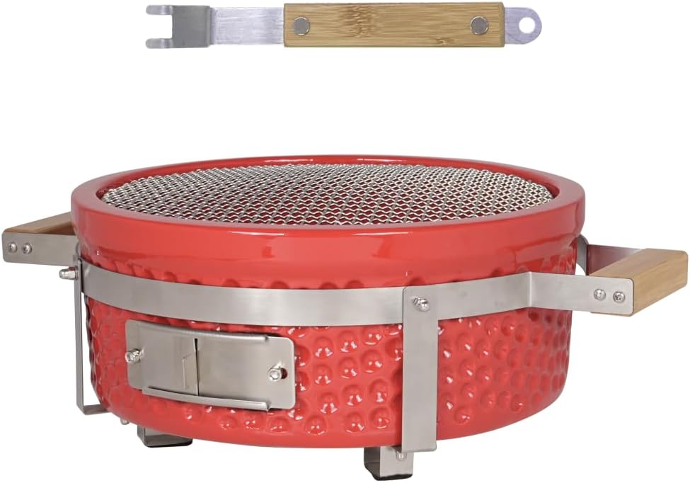 Yakitori Charcoal Grill, Japanese Ceramic Tabletop BBQ Grill with Stainless Steel Stand & Grid Lifter, Portable Indoor/Outdoor Hibachi Grill for 2–5 People, 16'x9', Red, Gift for Chrismas