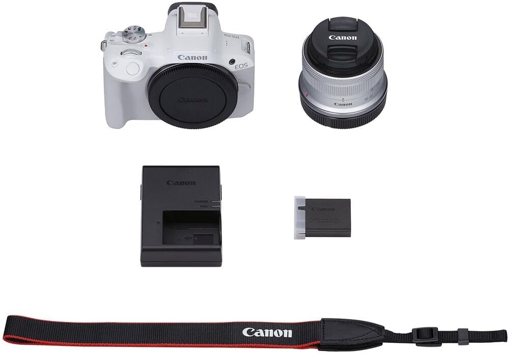 Canon EOS R50 Mirrorless Camera with 18-45mm Lens (White) Bundle with 64GB Memory Card + Canon 200ES EOS Shoulder Bag (3 Items)