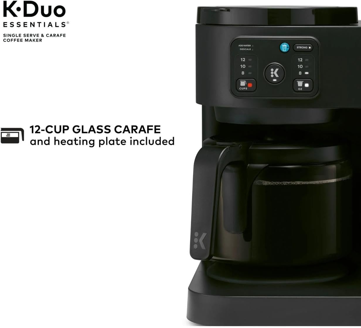 K-Duo Essentials, Hot & Iced Single-Serve Pod Coffee Maker & Carafe, 72 Oz Reservoir, Multiple Brew Sizes, Strong Brew Feature, Perfect for Hot and Iced Coffee (BLACK)