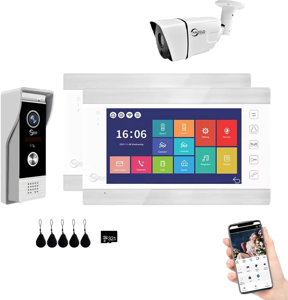 Video Apartment Doorbell Intercom,1080P HD Touch Screen Monitor,Outdoor Camera Doorbell Camera,Ring Doorbell Wired,TUYA,Night Vision,Two-Way Audio,Video Intercom (1 Bell+2 white Monitor + 1C)
