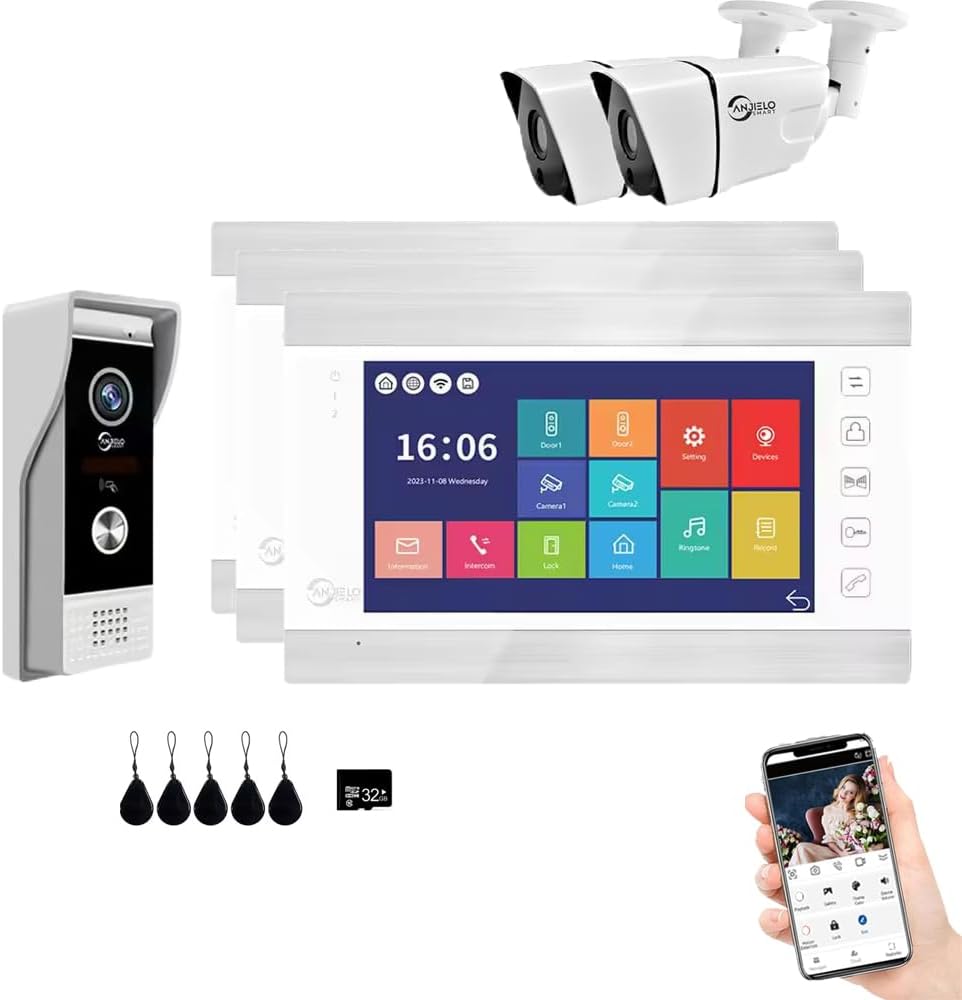 Video Apartment Doorbell Intercom,1080P HD Touch Screen Monitor,Outdoor Camera Doorbell Camera,Ring Doorbell Wired,TUYA,Night Vision,Two-Way Audio,Video Intercom (1 Bell+3 white Monitor + 2C)
