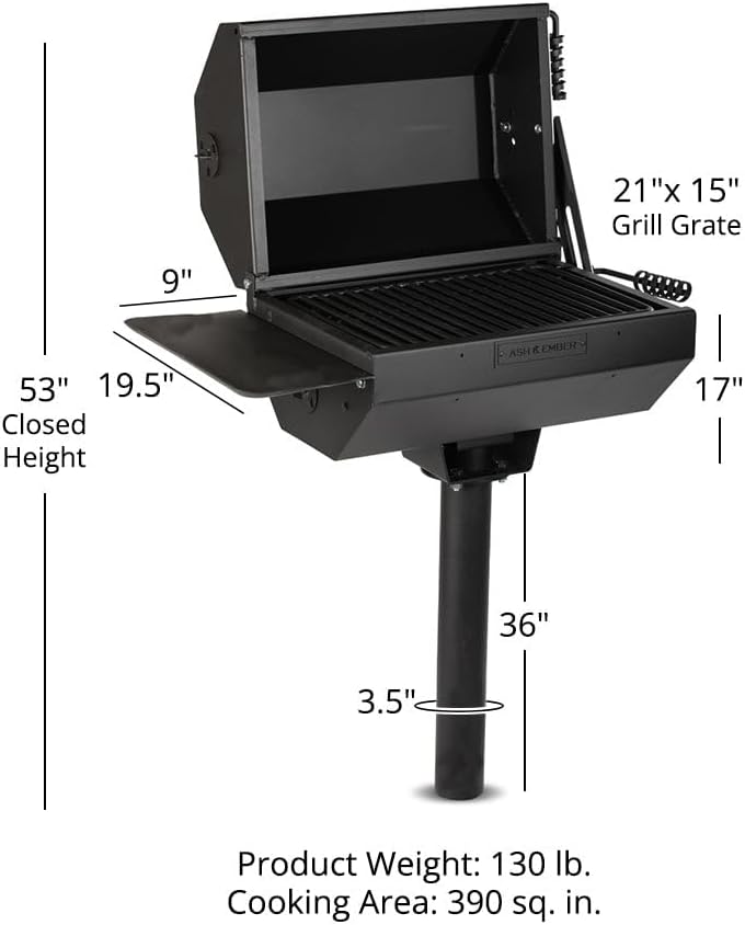 Ash & Ember Park-Style Grill & Smoker, 390 Sq. In Charcoal Grill with Cover, Side Shelf for BBQ Cooking Prep & Accessories, Single Post Barbeque Grill, Outdoor Grills & Smokers