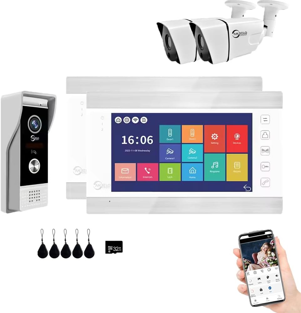 Video Apartment Doorbell Intercom,1080P HD Touch Screen Monitor,Outdoor Camera Doorbell Camera,Ring Doorbell Wired,TUYA,Night Vision,Two-Way Audio,Video Intercom (1 Bell+2 white Monitor + 2C)