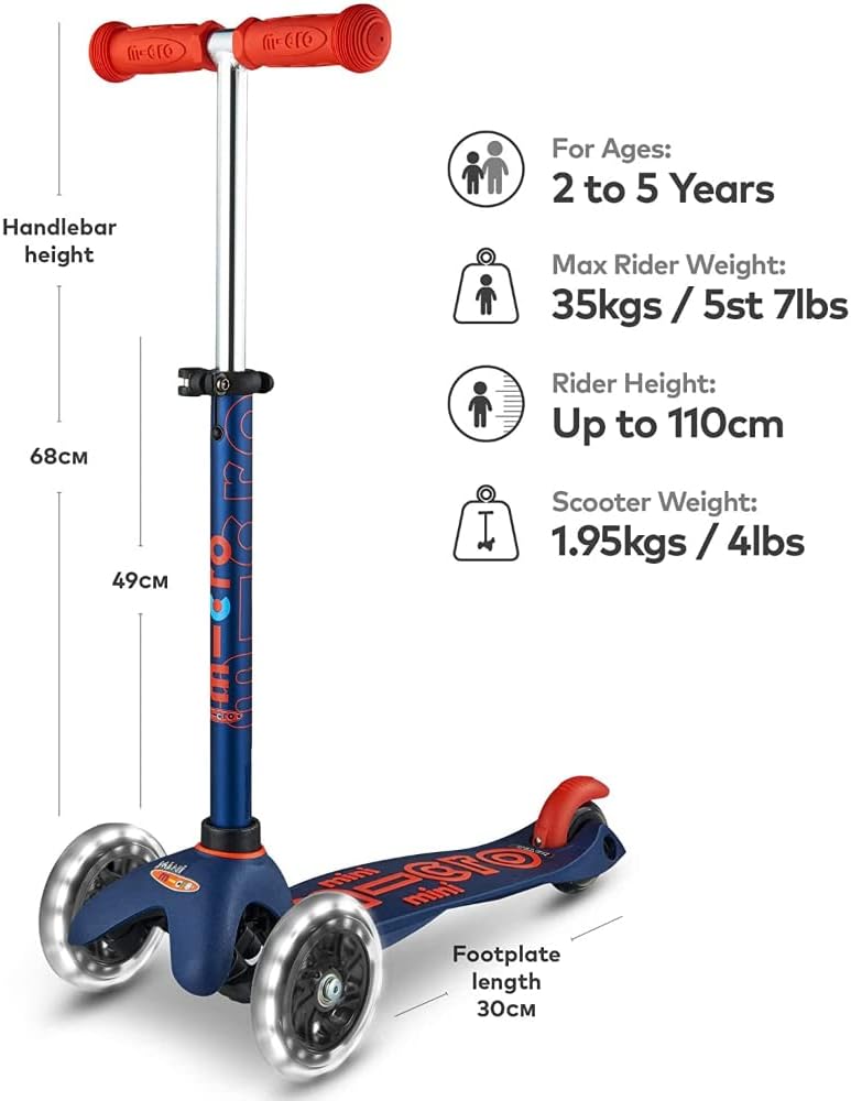 Micro Kickboard | Mini LED Kids Scooter for Ages 2-5 | Children up to 110 lbs | 3 Wheel Lean-to-Steer Design | Adjustable T Bar | Smooth Ride, Motion Activated PU LED Wheels | Swiss Design