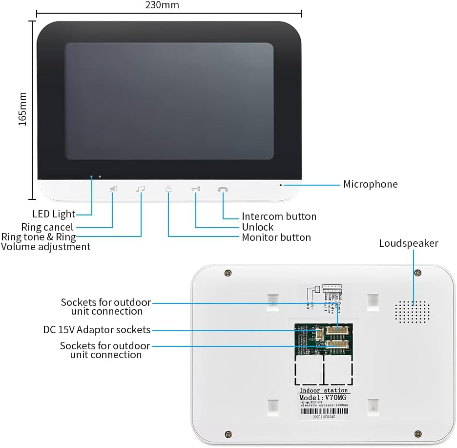 Video Intercom System, 7 Inch doorbell with Camera and Monitor, Video doorbell with IR-Cut Rainproof Outdoor Camera Visual Two-Way Intercom Audio Remote Unlock(1 Camera & 2 Monitors)