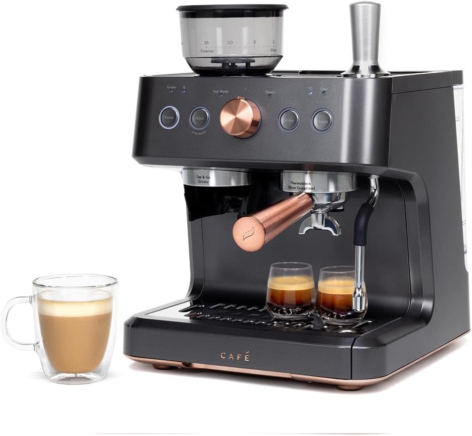 Café Bellissimo Semi Automatic Espresso Machine with Grinder & Milk Frother | Copper Accents | WiFi App Control | Large 95oz Tank | Matte Black