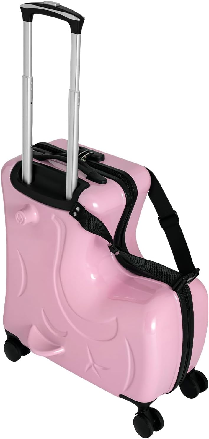 20' Kids Luggage, Rolling Kids Travel Suitcase with Seat and Safety Belt, Children's Ride for Toddler Ages 3-6(Pink)