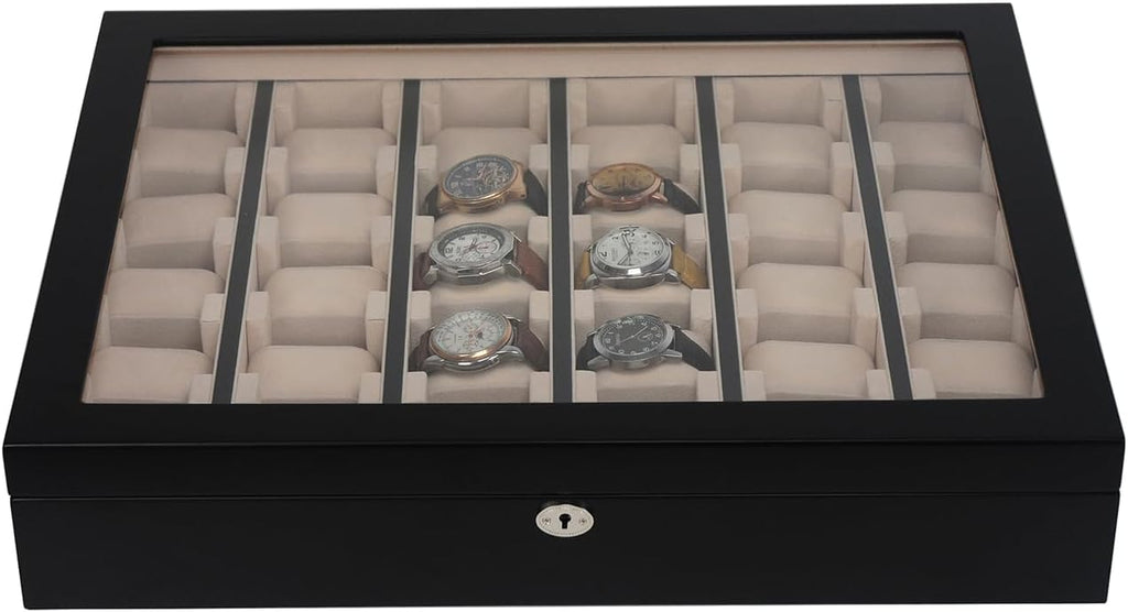 TIMELYBUYS 30 Piece Black Wood Watch Display Wall Hanging Case and Storage Organizer Box and Stand for Oversized Watches