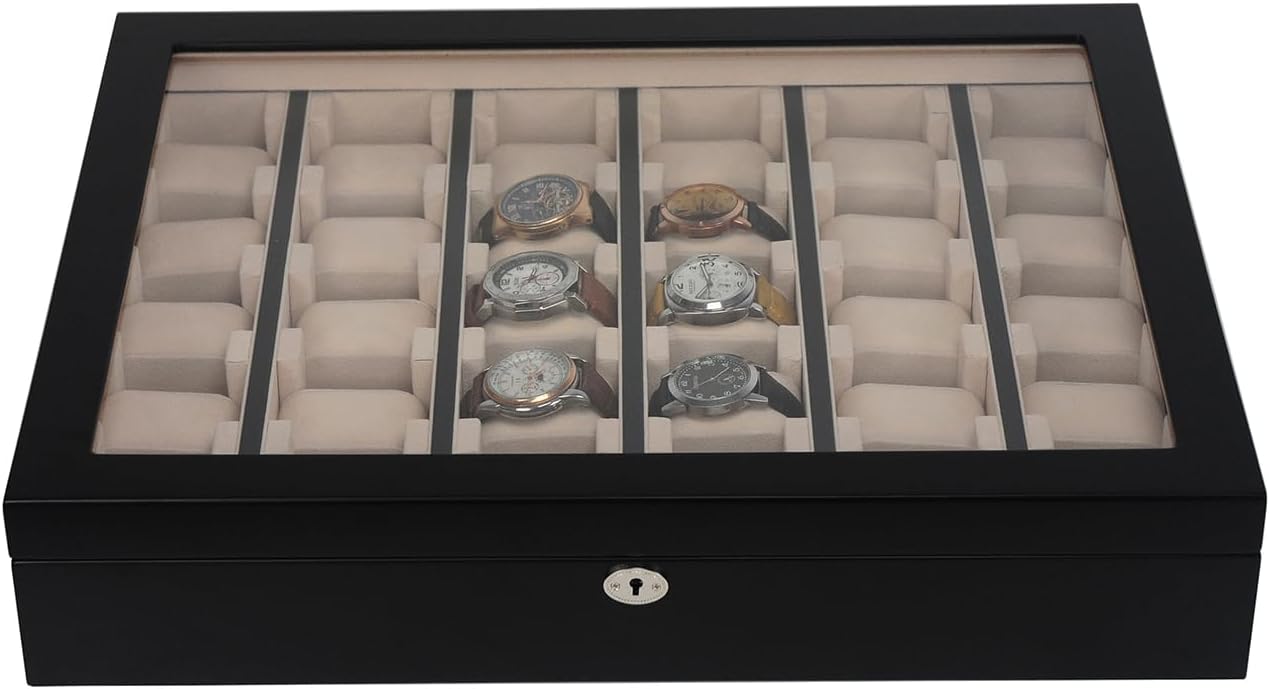 TIMELYBUYS 30 Piece Black Wood Watch Display Wall Hanging Case and Storage Organizer Box and Stand for Oversized Watches