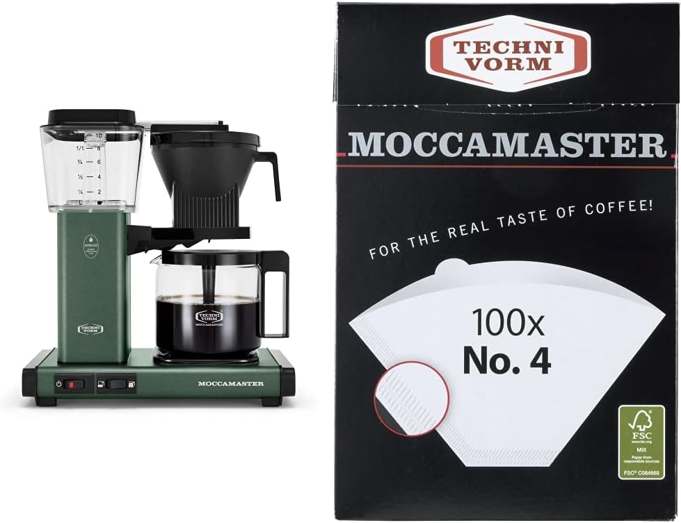 Technivorm Moccamaster 53923 KBGV Select 10-Cup Coffee Maker Juniper, 40 Ounce, 1.25l & #4 White Paper Filters, 100-count per box