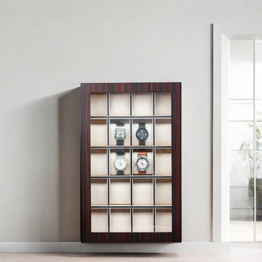 TIMELYBUYS 20 Piece Ebony Wood Watch Display Wall Hanging Case and Storage Organizer Box and Stand for Oversized Watches