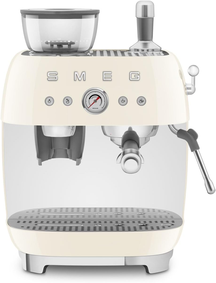 Smeg EGF03 Semi-Automatic Espresso Machine with Built-In Grinder, Dual Thermoblock, 50's Retro Style – Cream (120 V)