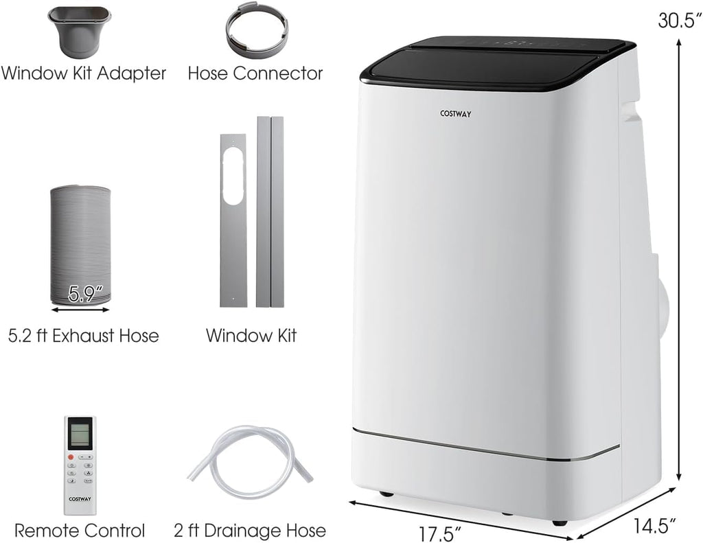 COSTWAY 15000 BTU Portable Air Conditioner, with Heat, Auto Swing 4-in-1 AC Unit for Rooms up to 800 Sq.Ft, with Built-in Dehumidifier, 24H Timer, Remote Control/APP Control & Window Kit(15000 BTU)