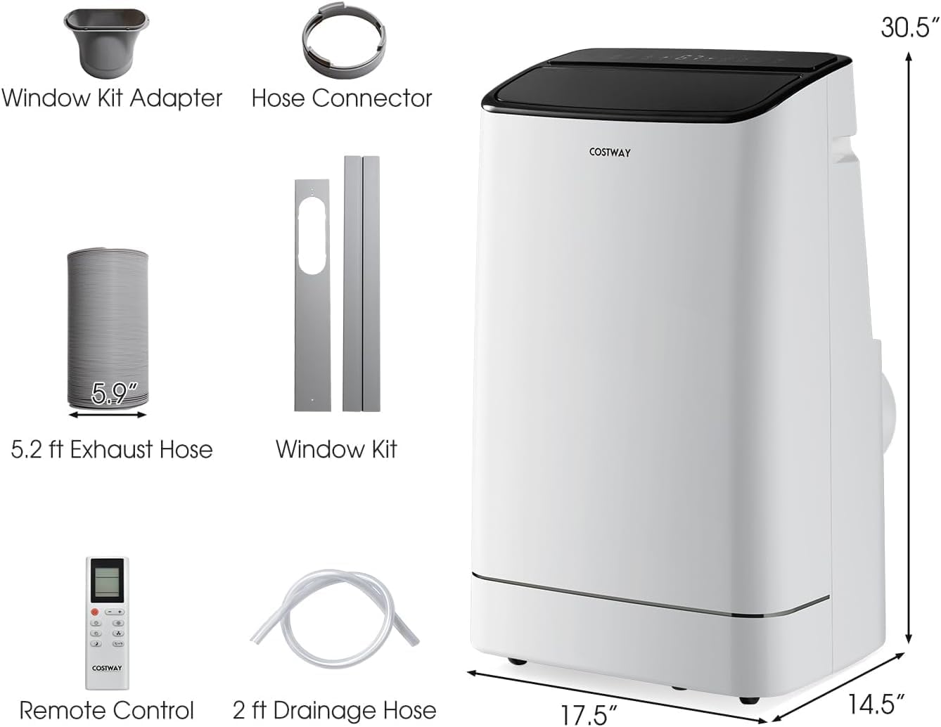 COSTWAY 15000 BTU Portable Air Conditioner, with Heat, Auto Swing 4-in-1 AC Unit for Rooms up to 800 Sq.Ft, with Built-in Dehumidifier, 24H Timer, Remote Control/APP Control & Window Kit(15000 BTU)