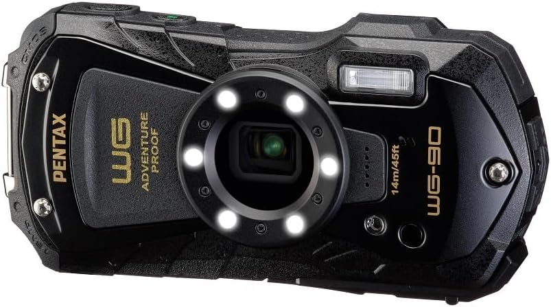 PENTAX WG-90 Black Waterproof Camera, Shockproof, Dustproof, Freezeproof, Built-in 6-LED Ring Light for Macro Photography, Underwater Shooting Mode