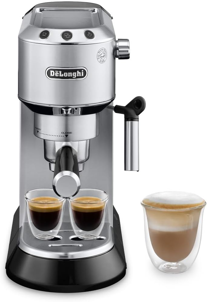 De'Longhi Dedica Espresso Machine with Manual Milk Frother, 15-Bar Pump & Adjustable Tray - Home Barista Coffee Maker for Espresso, Latte, Cappuccino & Iced Coffee - Italian Stainless Steel Design