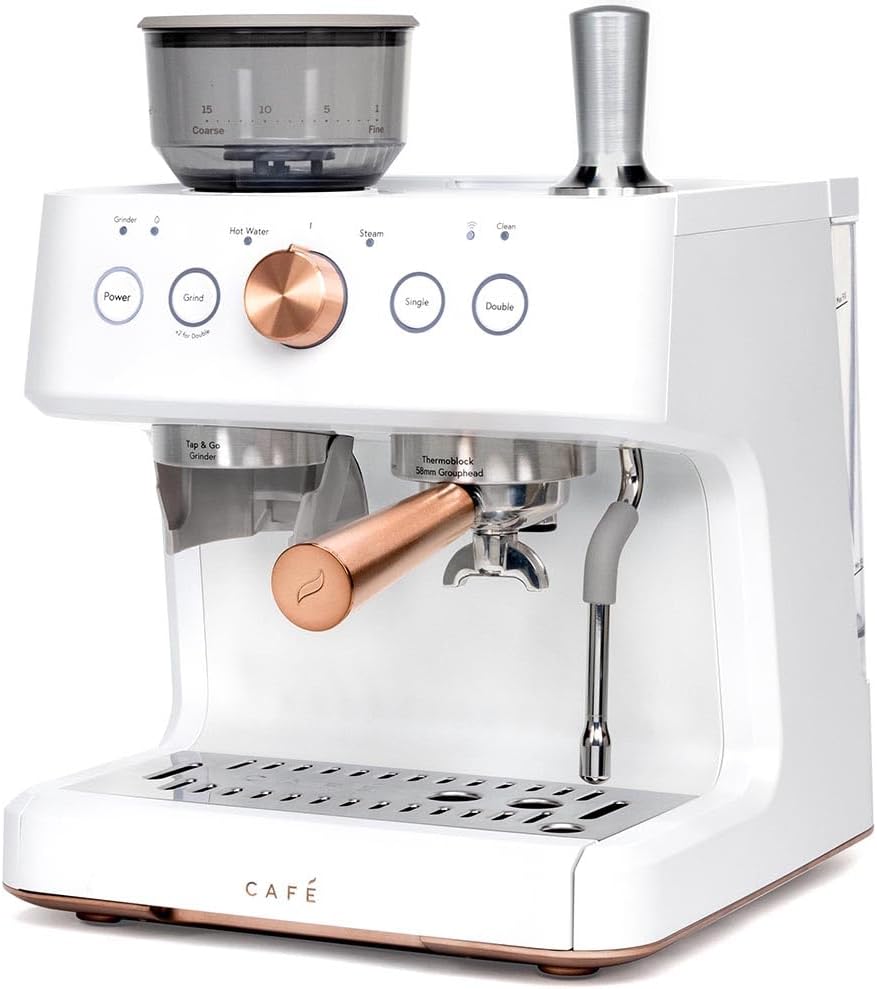 Café Bellissimo Semi Automatic Espresso Machine with Grinder & Milk Frother | Copper Accents | WiFi App Control | Large 95oz Tank | Matte White