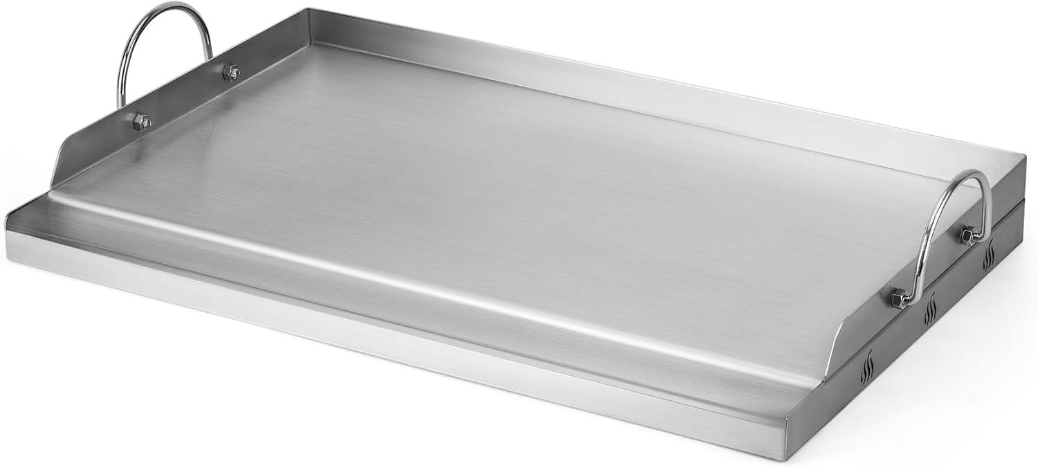 onlyfire Stainless Steel BBQ Griddle, Outdoor Flat Top Griddle Pan with Grease Groove and Handles for Gas and Charcoal Grills, 25'x16'