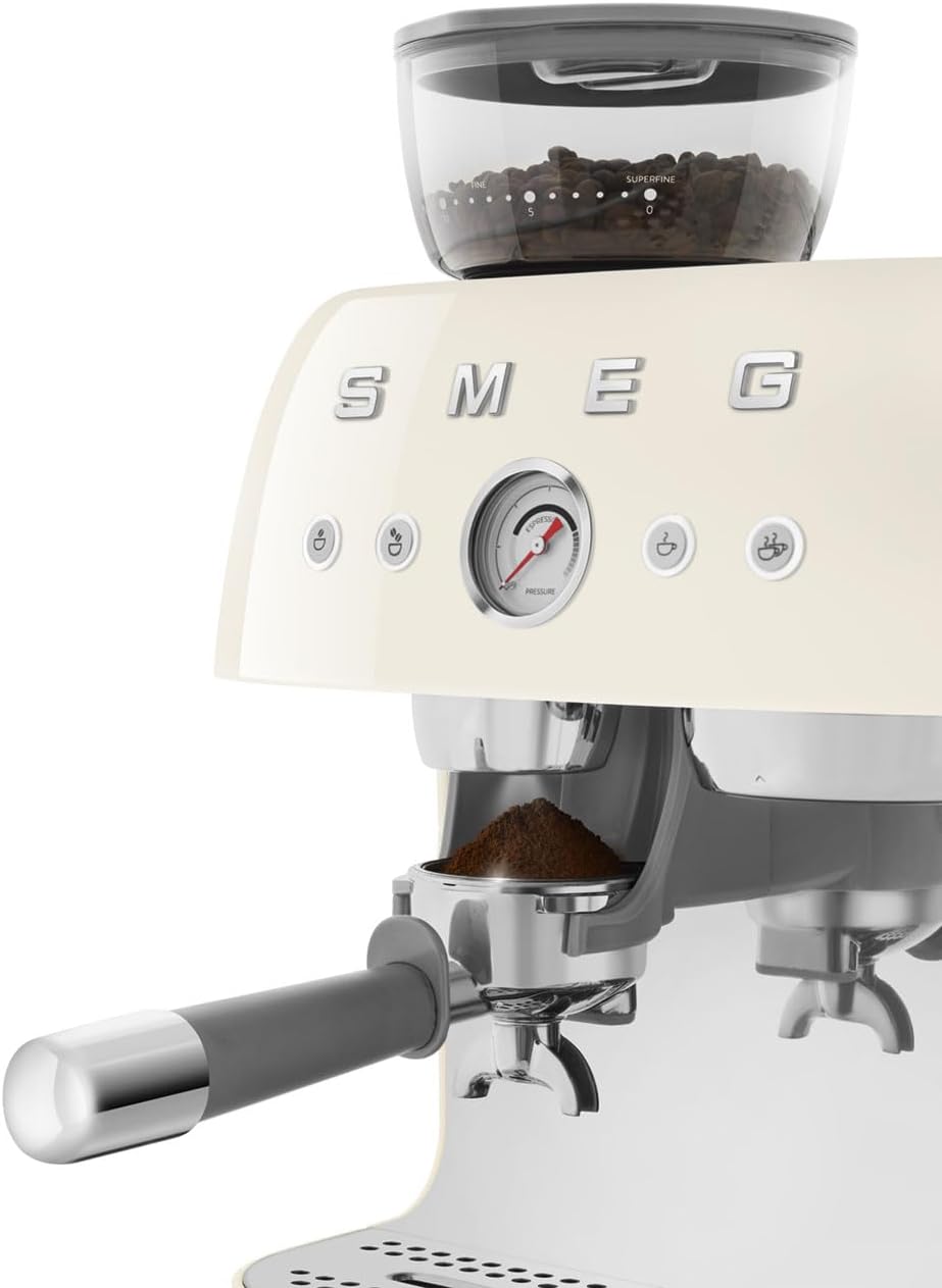 Smeg EGF03 Semi-Automatic Espresso Machine with Built-In Grinder, Dual Thermoblock, 50's Retro Style – Cream (120 V)