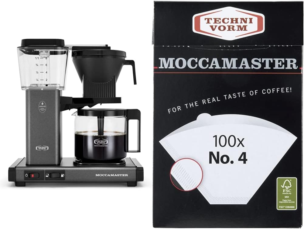 Moccamaster 53949 KBGV Select Coffee Maker, Stone Grey, 40 ounce, 10-Cup, 1.25L & #4 White Paper Filters, 100-count per box