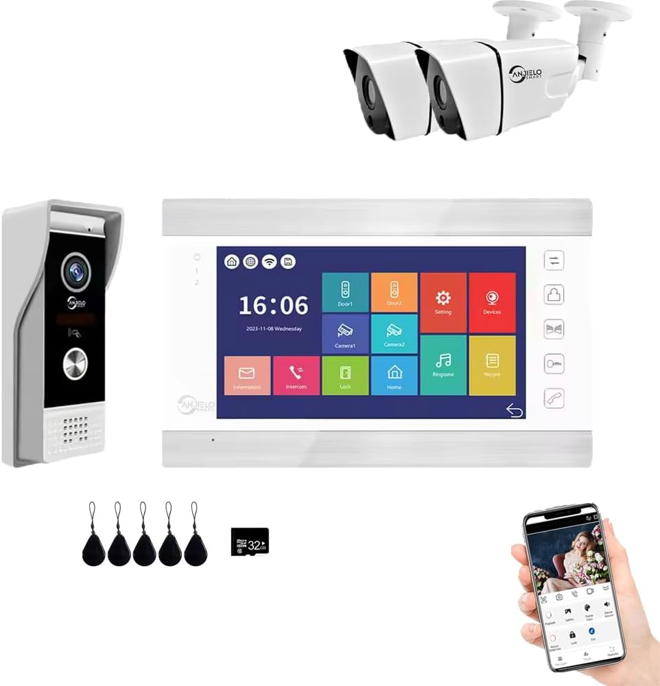 Video Apartment Doorbell Intercom,1080P HD Touch Screen Monitor,Outdoor Camera Doorbell Camera,Ring Doorbell Wired,TUYA,Night Vision,Two-Way Audio,Video Intercom (1 Bell+1 white Monitor + 2C)