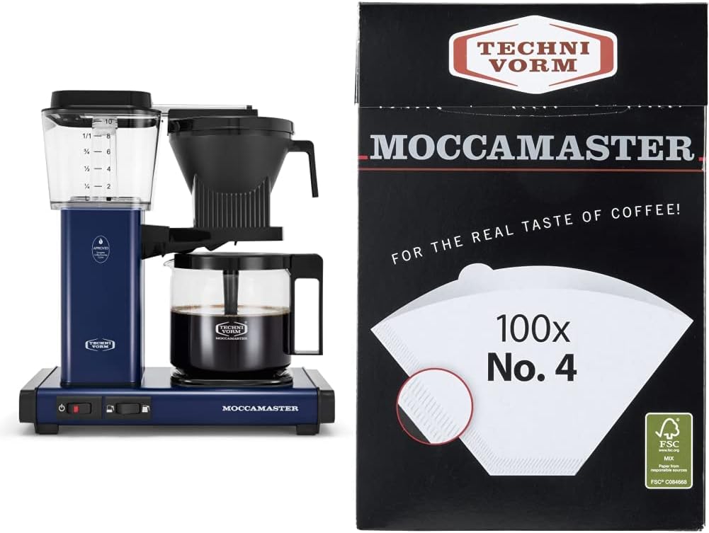 Moccamaster 53928 KBGV Select Coffee Maker, Midnight Blue, 40 ounce, 10-Cup, 1.25L & #4 White Paper Filters, 100-count per box