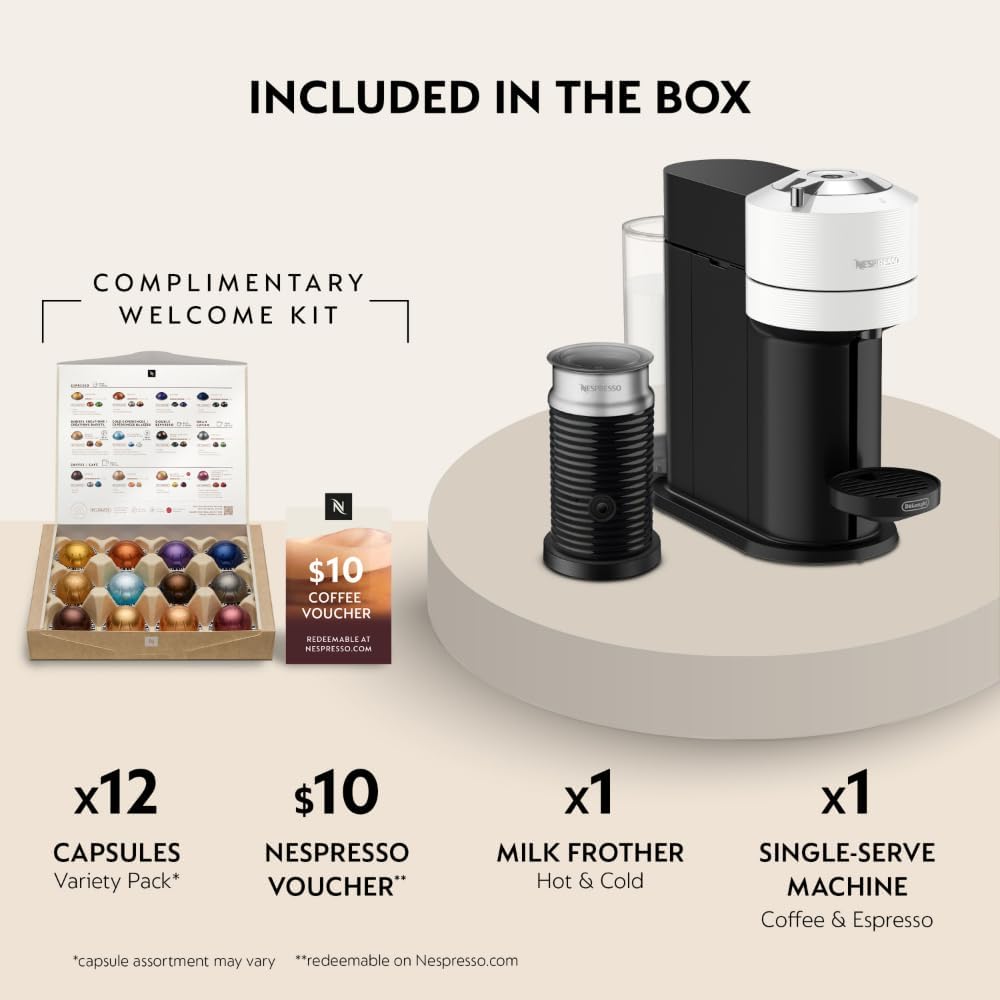 Nespresso Vertuo Next Coffee and Espresso Maker by De'Longhi with Aeroccino Milk Frother, White
