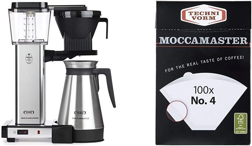 Technivorm Moccamaster 79312 KBGT Coffee Brewer, 40 oz, Polished Silver & #4 White Paper Filters, 100-count per box